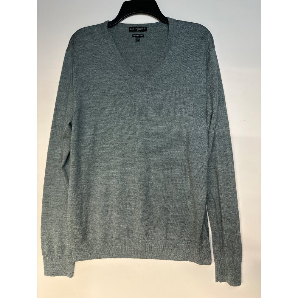 Express Men’s Sweater L Gray Merino Wool Blend Classic Preppy Knit Pullover